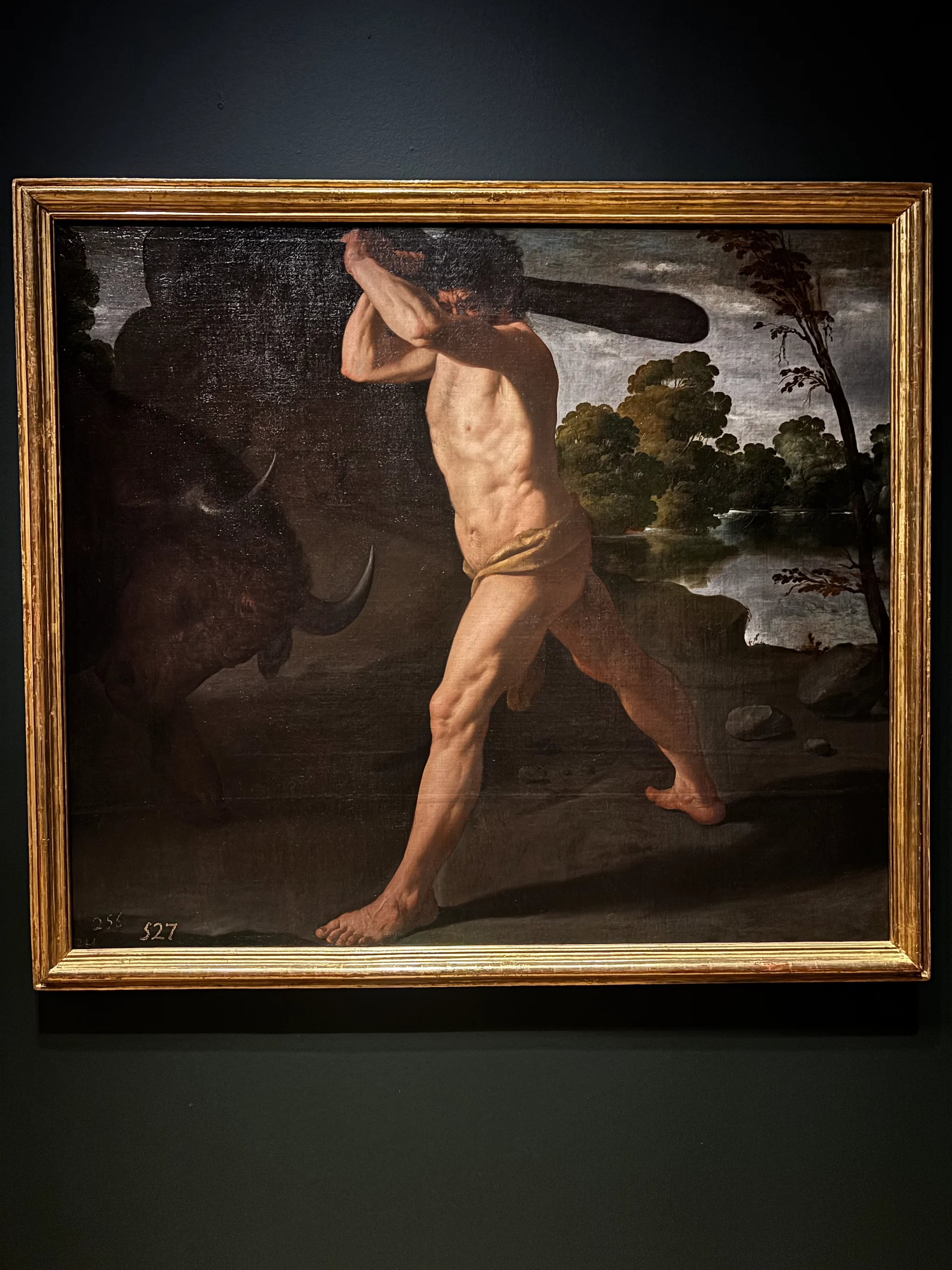 Francisco de Zurbarán, Hercules and the Cretan Bull. A nude, brightly lit Hercules strides right to left swinging a club above his head, a dark bull lowering its horns behind him at left, with a pale river landscape and trees at right.