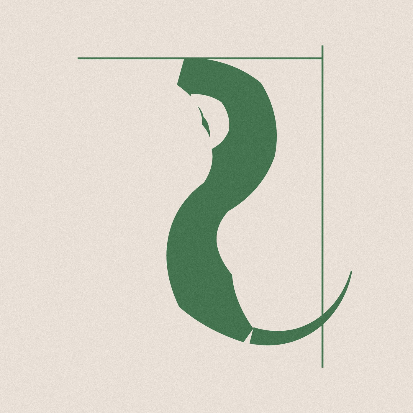 The release artwork for 020.6:MMM. One thick, sinuous form in forest green on warm parchment, narrowing at the middle and tapering to a point at the lower right. A fine horizontal rule runs across the top and meets a fine vertical rule down the right-hand edge, and a thin crescent sweeps outward at the lower right. The surface carries a light grain.
