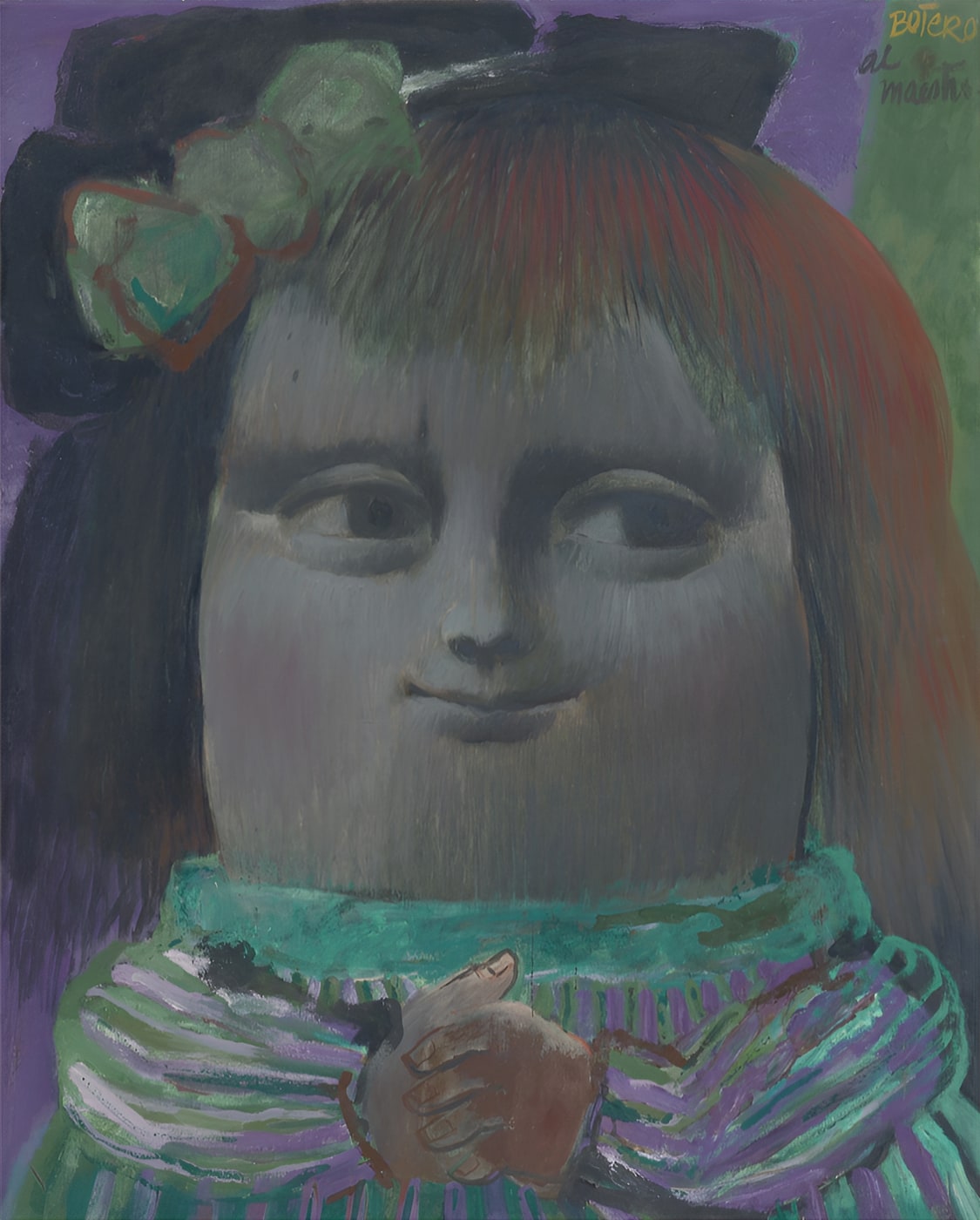 A girl's face fills almost the whole canvas, painted in cool greys and greens against violet. Black hair with red lights falls either side of a heavy fringe, gathered under a pale green bow. She wears a striped green and violet garment with a ruffled collar, and her hands hold a small round object at her chest. Signed upper right, "BOTERO al maestro".