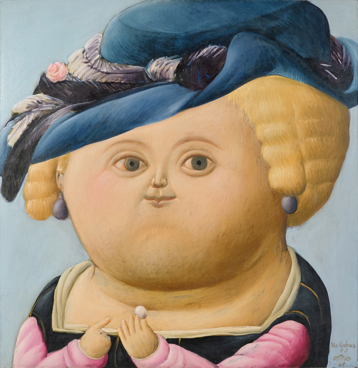 A woman's head and shoulders fill the canvas against pale blue. A broad blue plumed hat, trimmed with a pink rose, tips across blonde rolled hair; she wears pearl drop earrings, a black bodice with a cream collar and full pink sleeves, and her small hands meet at her collar holding a single pearl. The head is enormous and the hands are tiny, which is the disproportion the body describes. Signed lower right, "Mrs. Rubens #3 / BOTERO / 64".