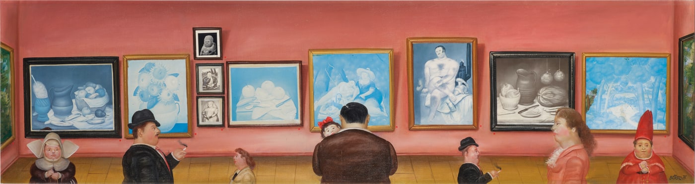 A long horizontal painting of a gallery: a pink wall hung with ten of Botero's own works, most rendered in faded blue and white, three small monochrome portraits stacked at the centre and one grey still life among them. Below them a cast of his recurring figures, a nun in a wimple, two bowler-hatted men smoking, a man with his back turned holding a child with a red bow, a woman in a pink coat, and at the far right a figure in full red robes.