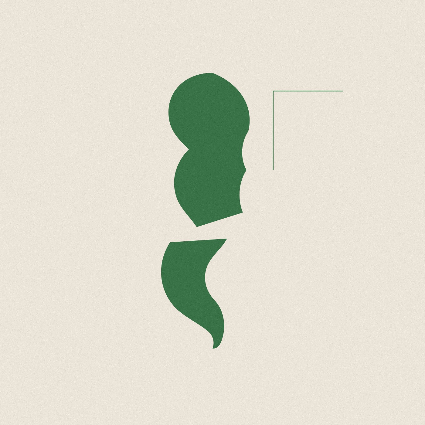 A square cover in forest green on a warm parchment ground. An upright form stands left of centre, its rounded upper mass pinching at a waist into a fuller lower mass with two shallow bites out of its right edge, which ends in a clean diagonal cut. Beneath it, separated by a gap of bare ground, a second piece resumes the line offset to the left and sweeps down into a curling tail. A fine vertical rule meets a fine horizontal rule in the upper right, clear of both. The surface carries a light grain.